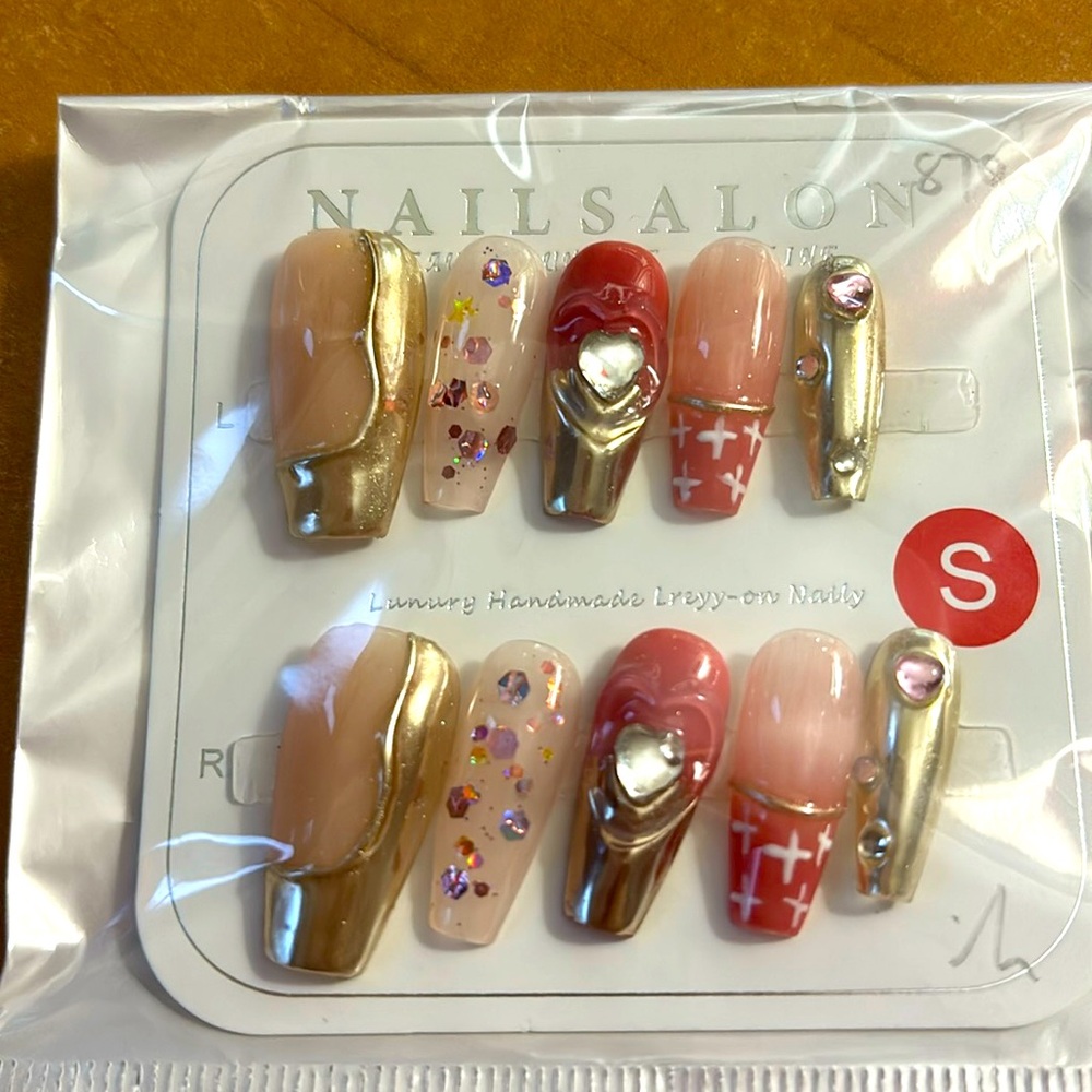 Press on Nails Red Pink and Gold with Rhinestone